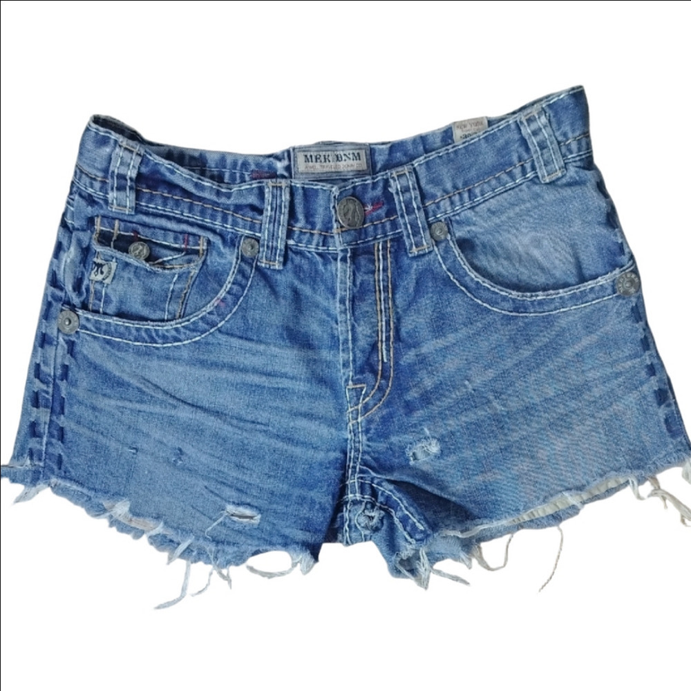MEK Blue Jean Shorts with Distressed Hem and Casual Style Silver Buttons